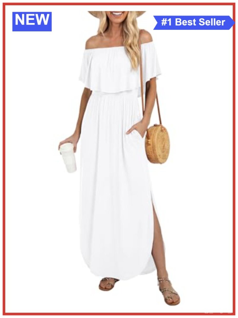 Women's Off Shoulder Ruffle Side Split Maxi Dress, Short Sleeve, Rayon Spandex,